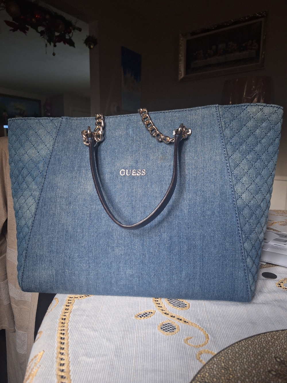 GUESS Denim Quilted Navy Tote Bag.Two Toned.chain And Leather Straps